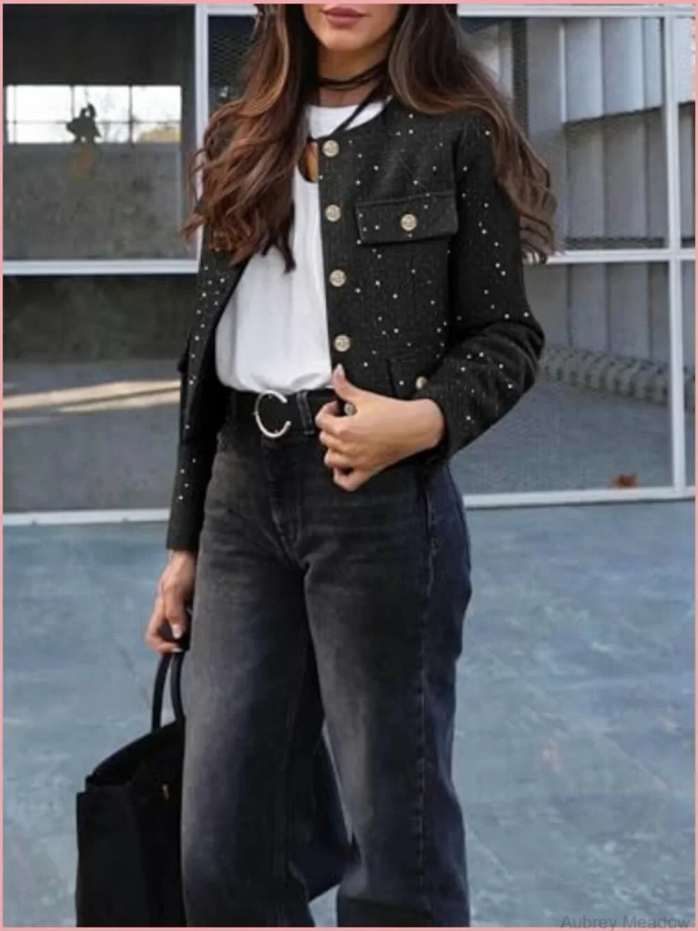 Cropped Tweed Blazer Collarless Button Down Jacket with Pockets